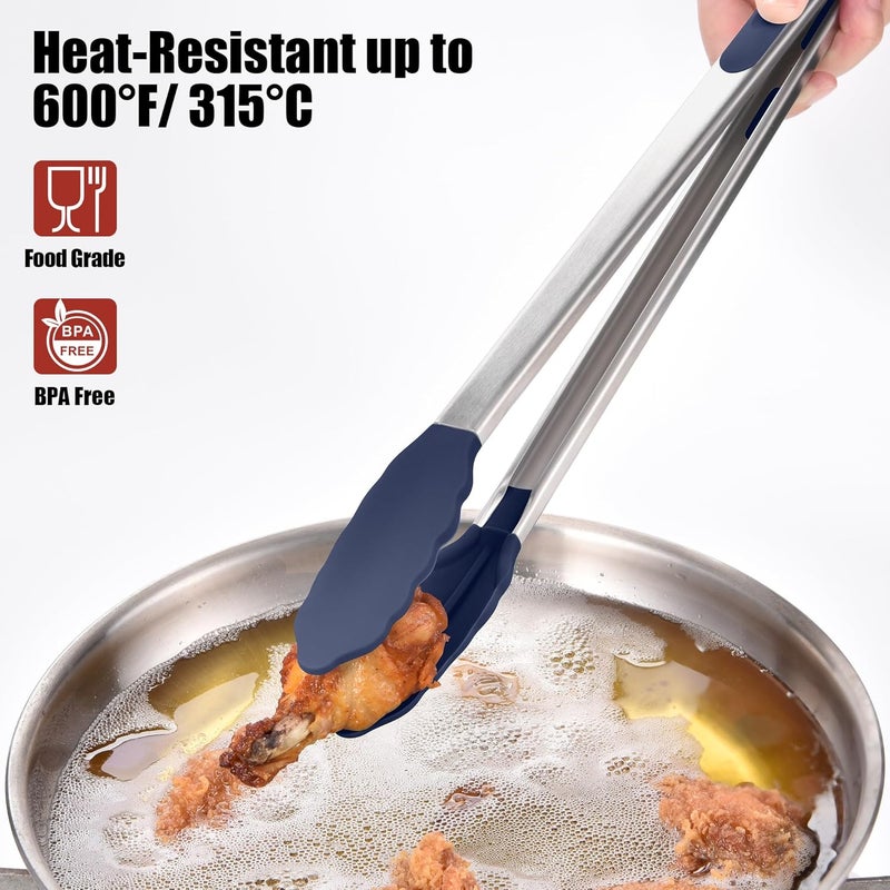 Doosu Kitchen Tongs for Cooking - 600°F Heat Resistant Food Tong with Non-Scratch Silicone Tips, Heavy Duty Stainless Steel Locking Tong for BBQ, Grilling Steak, Serving Salad Pasta (16in, Navy Blue) - Image 3